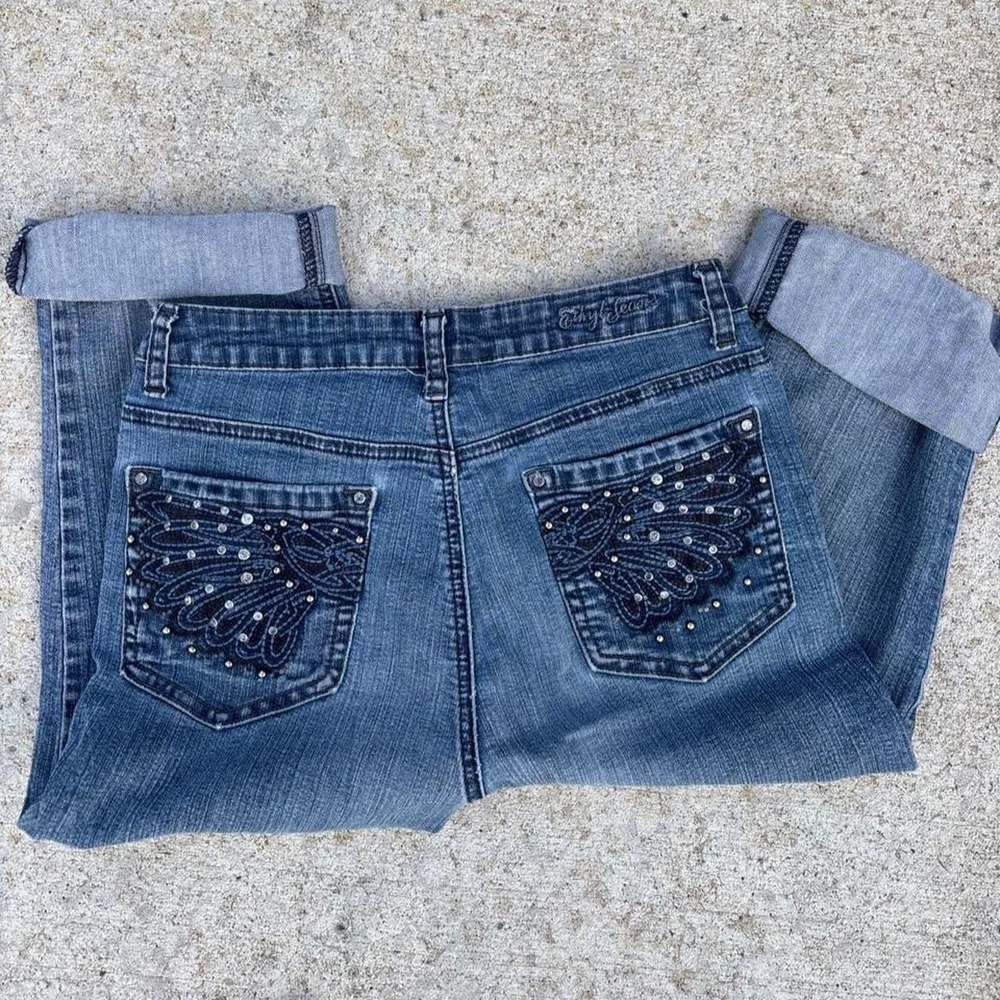 Y2K blue denim jean capris with rhinestone details